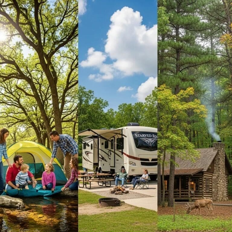 Collage of camping types at Starved Rock: tent camping, RV camping, and cabin rentals