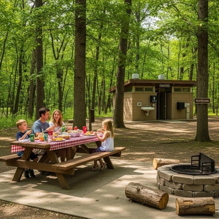 Cozy campsite at Starved Rock with picnic area and fire pit