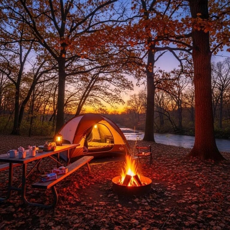 Cozy campsite setup at Starved Rock with tent, picnic table, and campfire