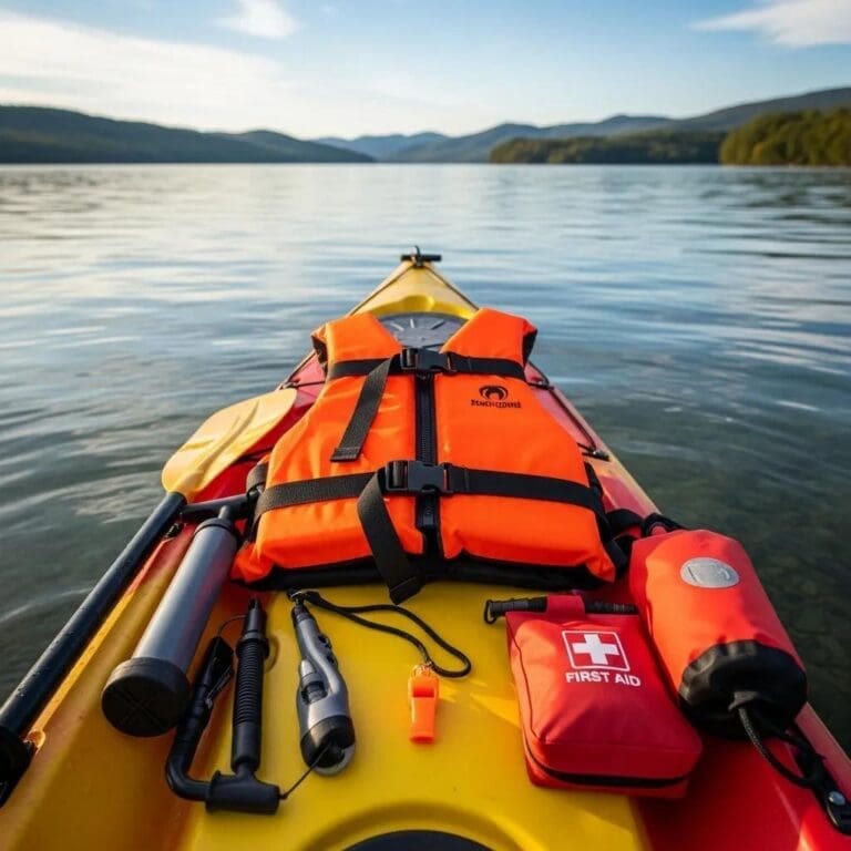 Essential kayaking safety equipment including a life vest, whistle, and first-aid kit on a kayak
