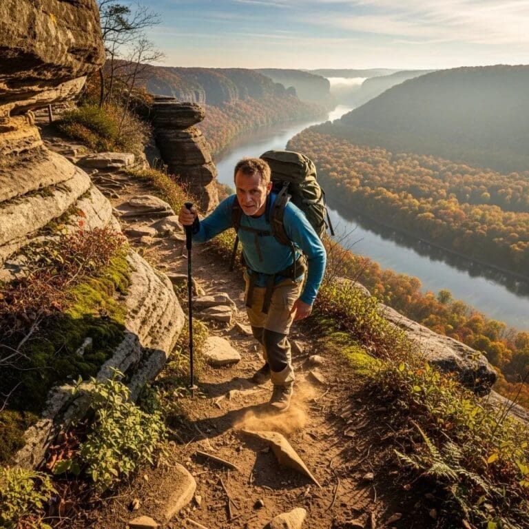 Experienced hiker ascending a steep trail at Starved Rock, illustrating the challenge of elevation gain
