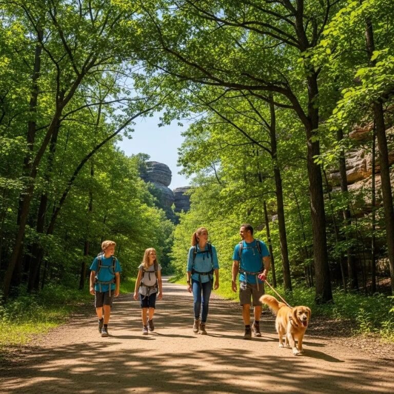 Family hiking on a dog-friendly trail at Starved Rock State Park
