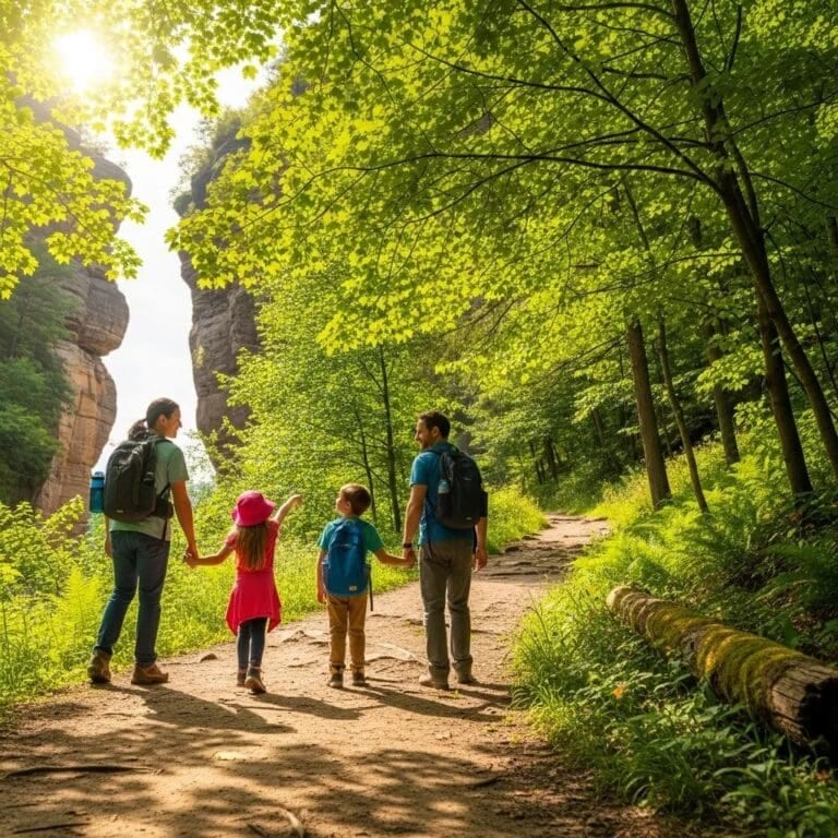 Family hiking on an easy trail at Starved Rock State Park, showcasing a family-friendly environment