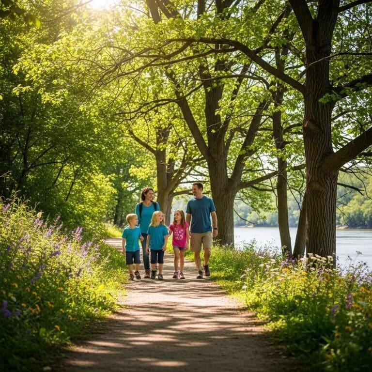 Family hiking on the River View Trail at Starved Rock State Park, showcasing a family-friendly environment