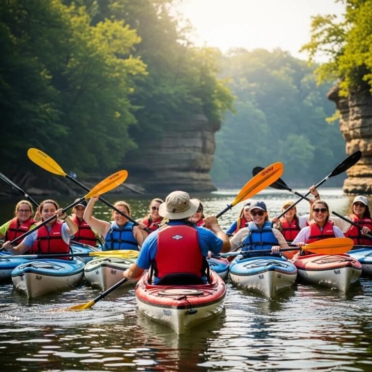 Group of beginner kayakers on a guided tour at Starved Rock, enjoying a safe and supportive experience