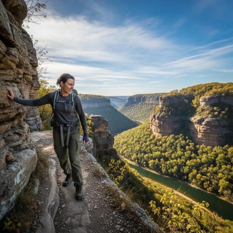 Hiker on a challenging trail at Starved Rock State Park, with dramatic cliffs and scenic views