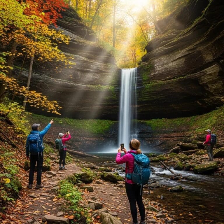 Hikers on the St. Louis Canyon Trail with a seasonal waterfall and rocky cliffs