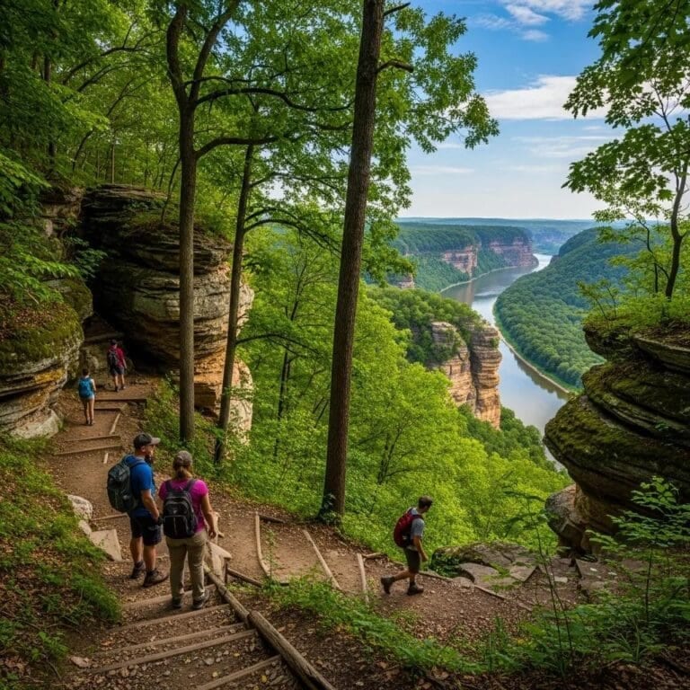 Hiking trail at Starved Rock with hikers enjoying the scenic views