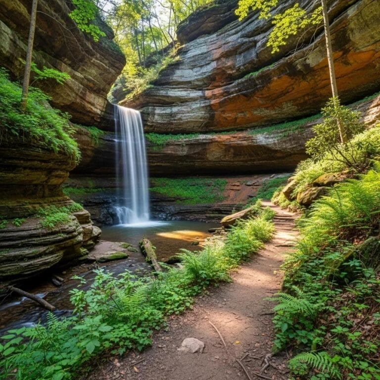 Scenic view of French Canyon Trail with a waterfall and lush vegetation