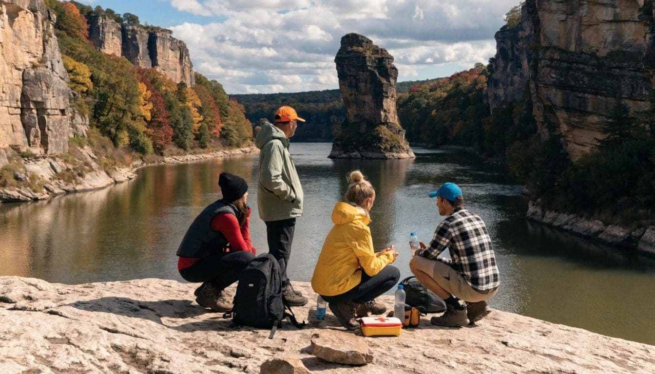 Hikers preparing for a safe outdoor adventure at Starved Rock State Park