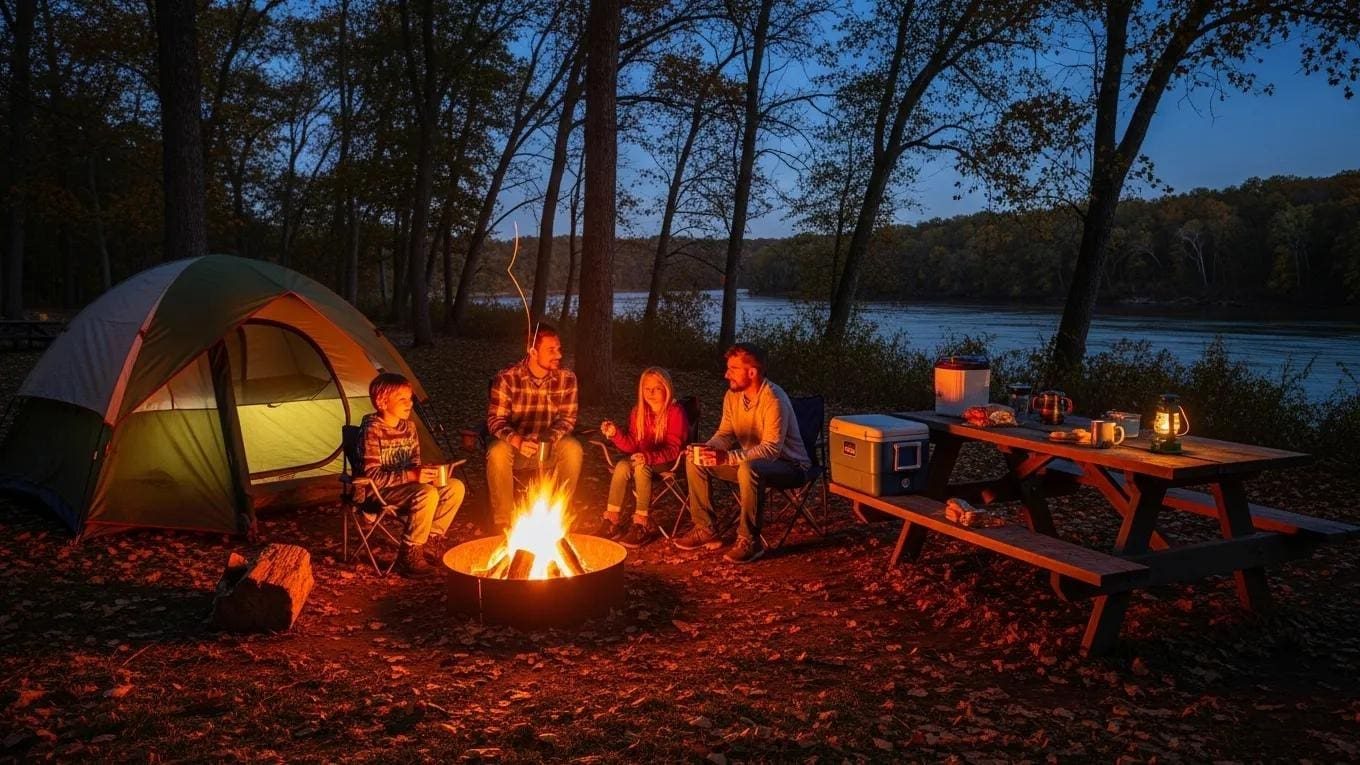 Family enjoying a campfire at Starved Rock State Park campsite, with a tent and natural surroundings