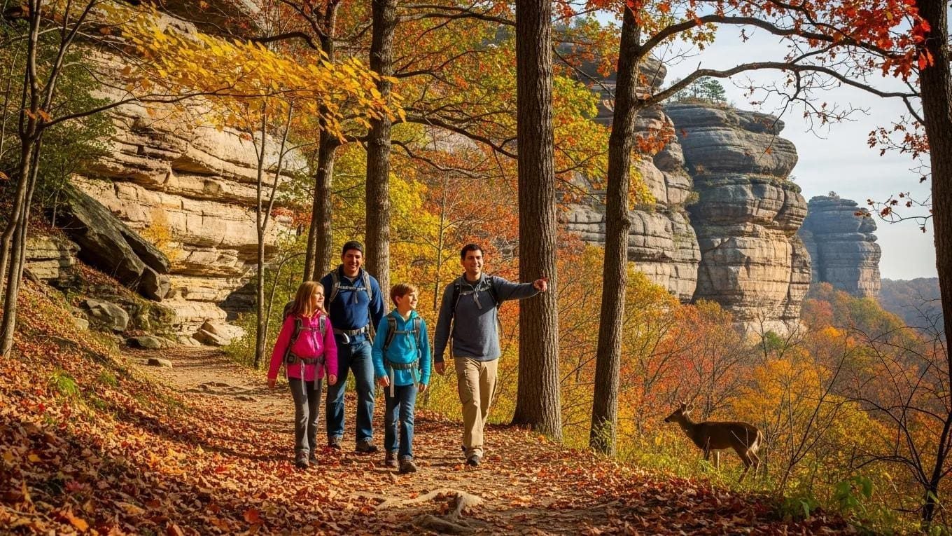 Family hiking on a trail at Starved Rock State Park, surrounded by colorful fall leaves and wildlife