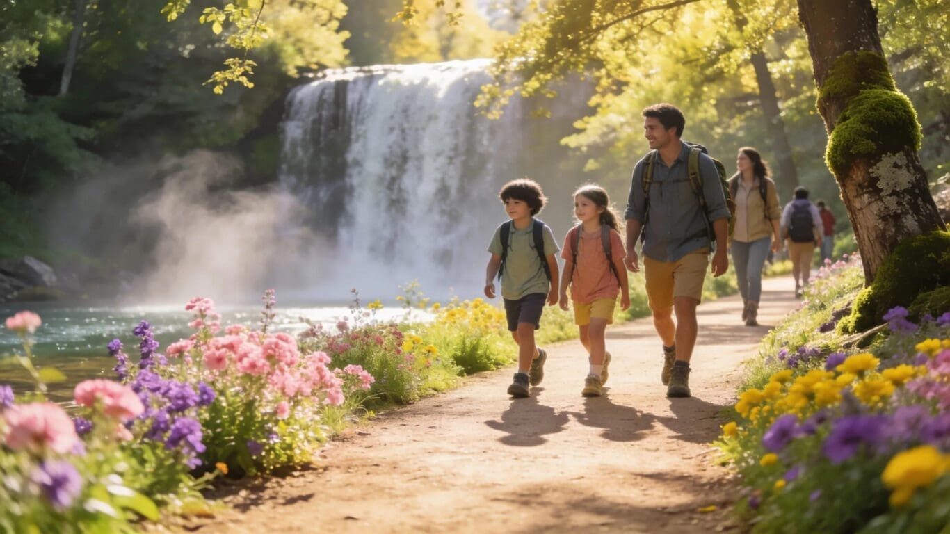Family hiking on a gentle trail near a waterfall in Starved Rock State Park