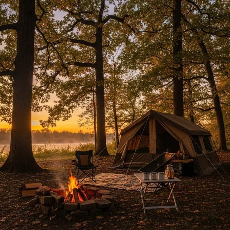 Camping setup at Starved Rock with tent and campfire in a natural setting