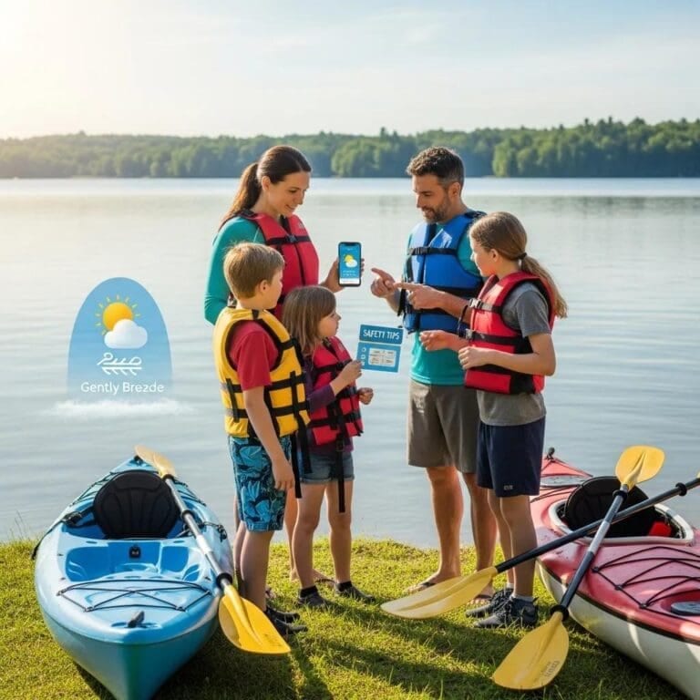 Family discussing safety tips for kayaking, highlighting life jackets and weather checks