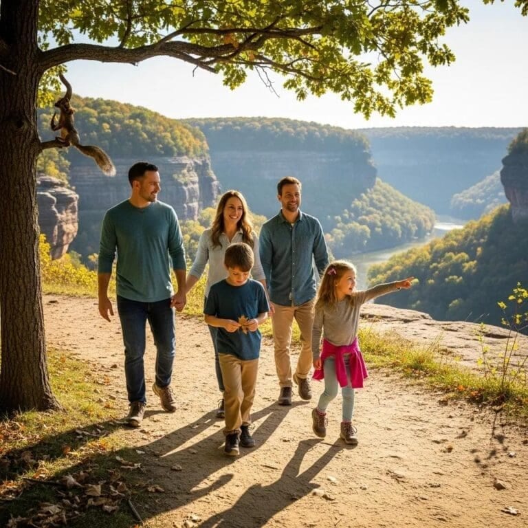 Family hiking on an easy trail in Starved Rock State Park, enjoying nature with children