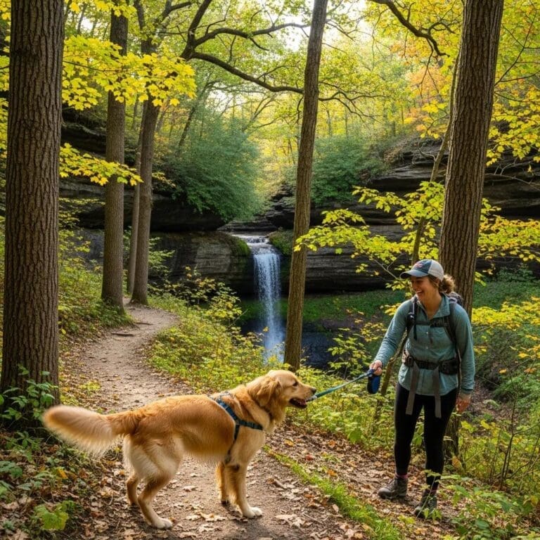 Dog and owner hiking on a pet-friendly trail at Starved Rock State Park