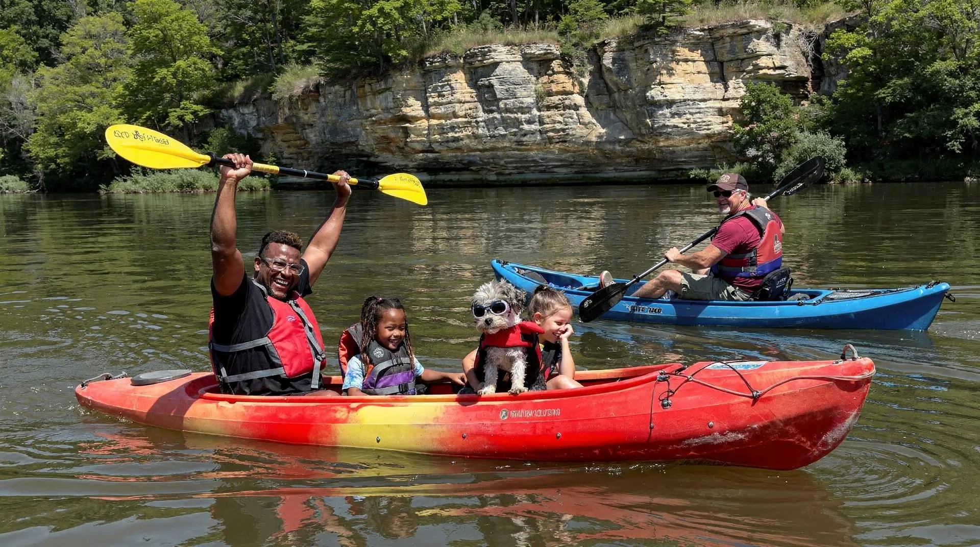 Tandem kayaks at Starved Rock can hold up to three people in different configurations, making